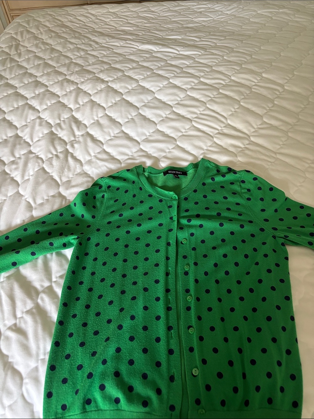 Ellen Tracy Green Cardigan with Black Polka Dots